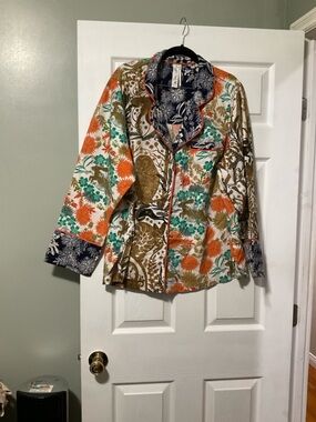 Anthropologie Floral Printed Pajama Top in Orange, Green & Navy